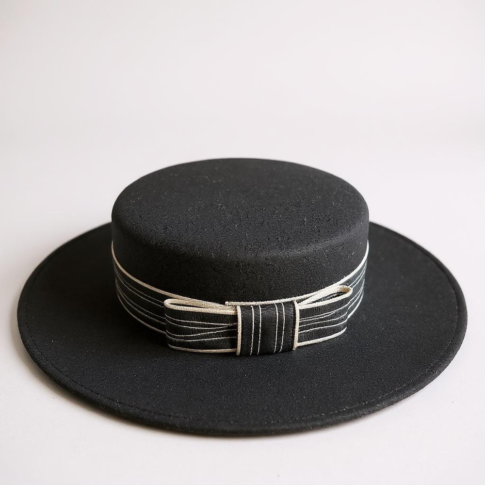 1960’s Vintage Black Boater Hat with White & Black Ribbon